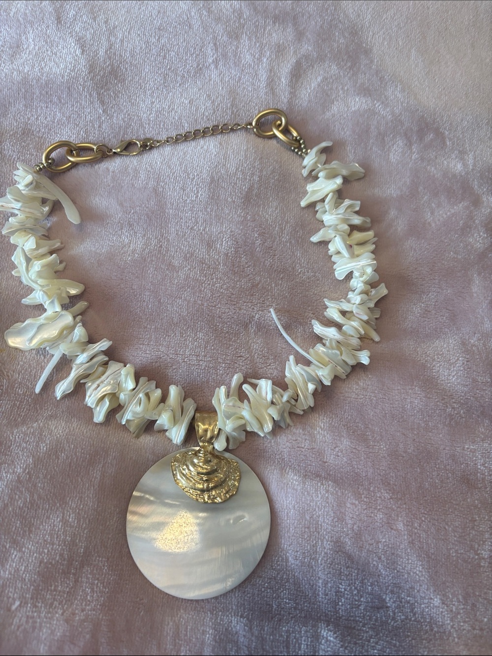 White Shell Chip Necklace with Gold Pendant